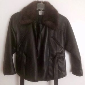 Black faux leather jacket outerwear faux fur trim